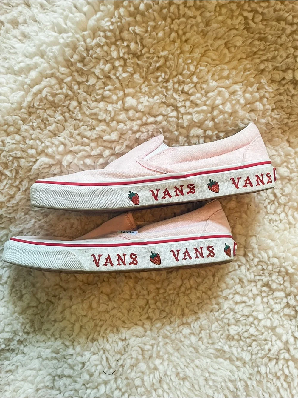 Vans 2021 Pink Slip-On Sneakers with Red Side Logo and Strawberry Detail Rare